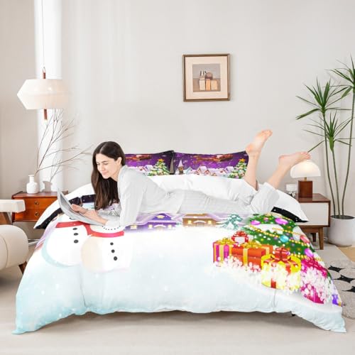 Manfei Xmas Duvet Cover Set Queen Size, Snowman Christmas Tree Bedding Set for Kids Boys Girls, Santa Claus with Reindeer Comforter Cover New Year Theme Quilt Cover with 2 Pillowcases, No Comforter