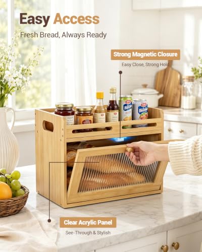 Coiesol Bamboo 1-Tier Bread Box with Top Shelf for Kitchen Countertop Storage