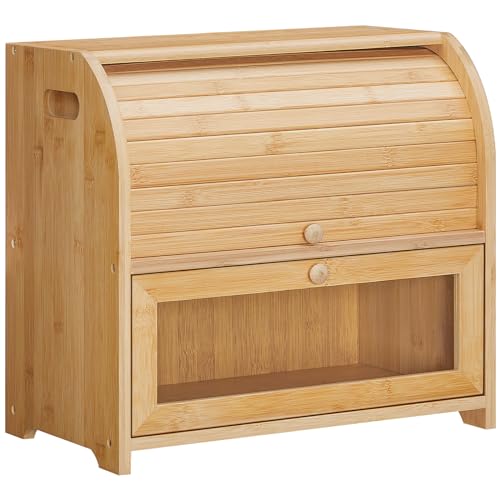 HOOBRO Bread Box, Bamboo Box for Kitchen Countertop, 2 Tier Roll-Top