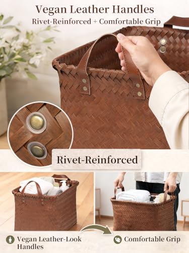 Rectangle Brown Wicker Storage Baskets 4 Pack with Vegan Leather Handles - Organizers for Shelves and Closets