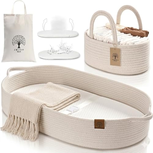 J&JOO Baby Changing Basket Set with Diaper Caddy - Soft Beige, Waterproof Dual-Cover Portable Changing Pad for Nursery & Travel