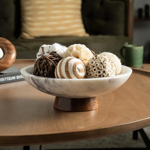 Marble Decorative Bowl with Acacia Wood Pedestal - 11 Inch Centerpiece