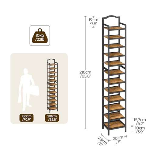 12-Tier Tall Wooden Shoe Rack - Space Saving Vertical Organizer, Rustic Brown & Black, 11x11x85.8 Inches