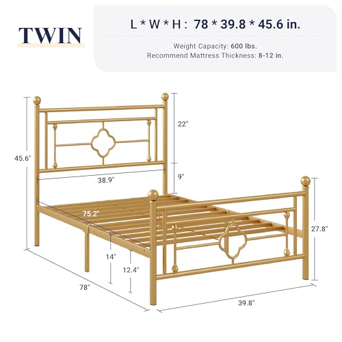 Allewie Twin Size Gold Metal Platform Bed Frame with Victorian Headboard