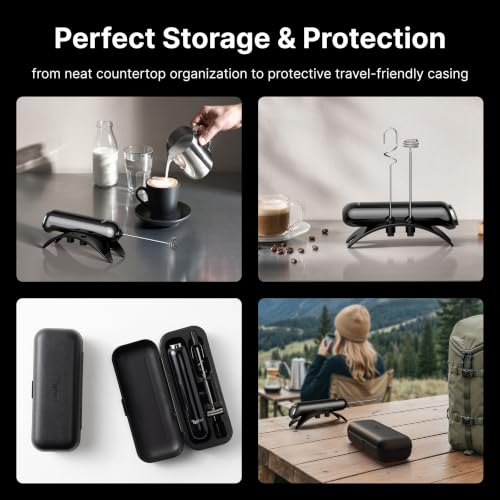 Electric Milk Frother with Storage Case & Stand - Black - Handheld Coffee Foam Maker