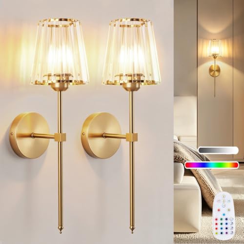 Gold Battery Operated Crystal Wall Sconces Set of 2 with Adjustable RGB Lighting