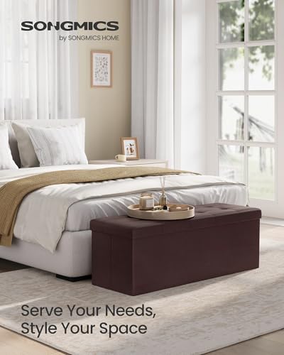 SONGMICS Storage Ottoman Bench Brown 43.3 Inch Foldable Footrest Stool - Without Flipping Lid