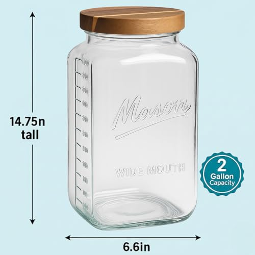 2 Gallon Glass Mason Jar with Airtight Wooden Lid - Square Food Storage Container
