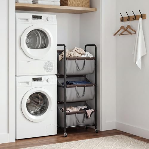 Grey 3-Tier Laundry Sorter Cart with Wheels - Narrow Hamper for Small Spaces