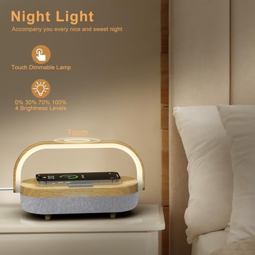 Wood Nightstand Lamp with Wireless Charger Bluetooth Speaker & Dimmable LED - 4 in 1 Touch Bedside Light