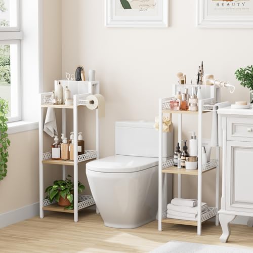 White Slim Bathroom Storage Shelf Unit with 3 Tiers and Toilet Paper Holder - 9.85in Wide