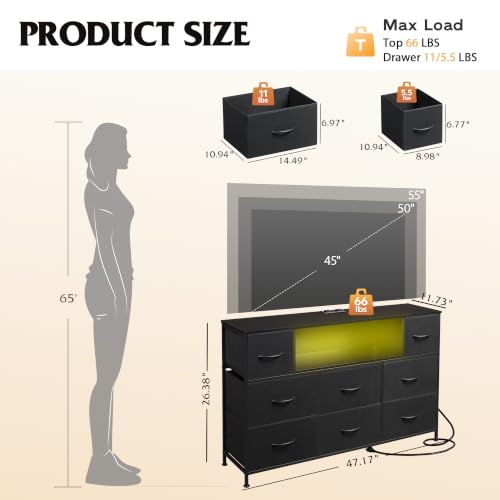 WLIVE LED Black Dresser TV Stand for 55 Inch TV, 8 Drawers