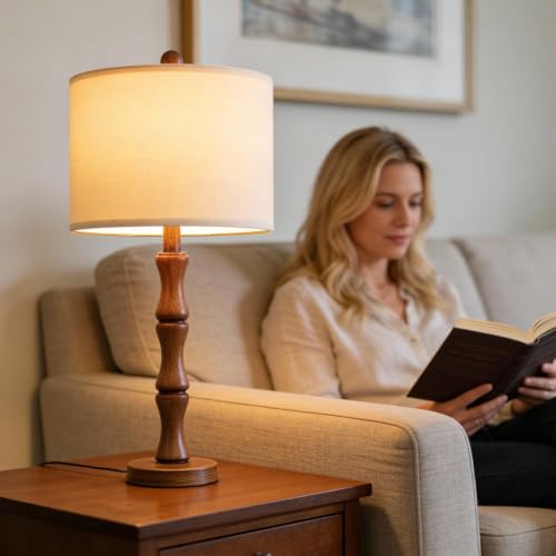 Small Rustic Table Lamp Set of 2 - Light Walnut Farmhouse Nightstand Lamps