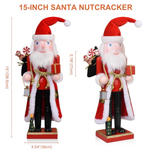 15-Inch Wooden Santa Nutcracker with Gift Sack and Lantern