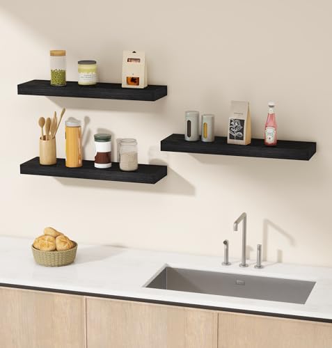 Black Rustic Floating Wall Shelves 24 Inch Set of 3 - Stylish & Stable Storage