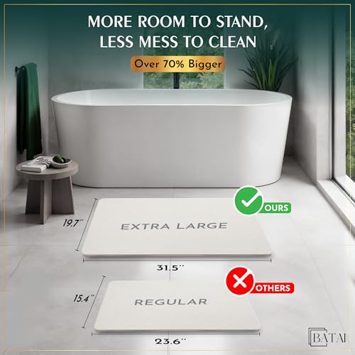 Batai Extra Large Beige Diatomaceous Earth Stone Bath Mat 31.5 x 19.7 Inches – Non-Slip, Dries Instantly