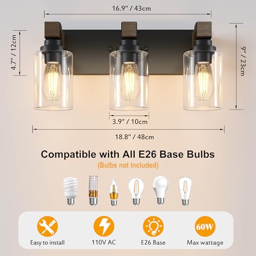 DvmTeom Farmhouse Bathroom Vanity Light Fixture - Black & Wood, 3-Light