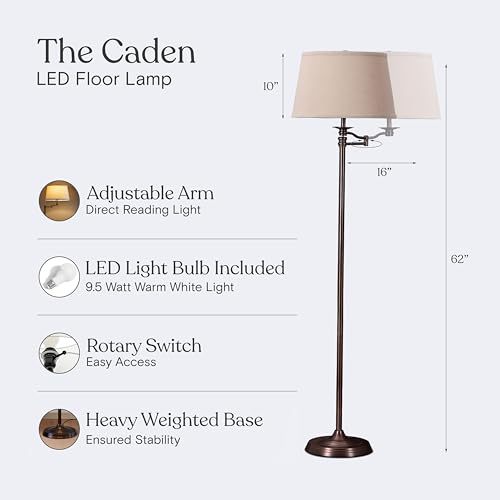 Bronze LED Floor Lamp with Swing Arm - Tall Living Room & Office Standing Light