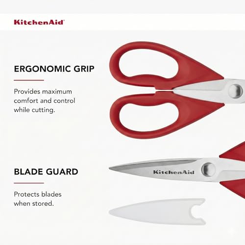 KitchenAid All Purpose Kitchen Shears with Protective Sheath Durable Stainless Steel Scissors, Dishwasher Safe, Soft Grip Comfort Handle, 8.72 Inch, Ink Blue