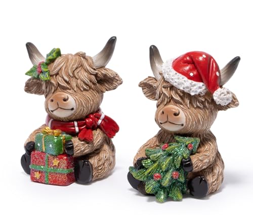 Hodao 2pcs Christmas Highland Cow Figurines – Red-Green Santa Hat Mantel Decor