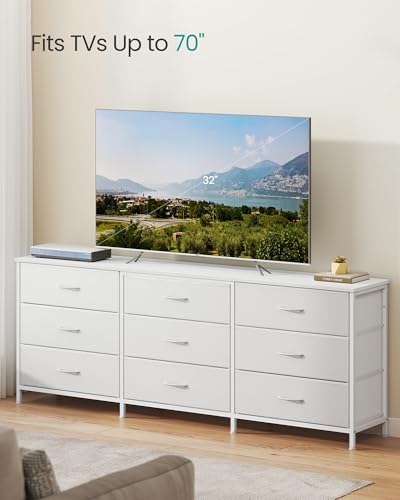 Dresser with 9 Fabric Drawers and TV Stand for Up to 70 Inch TVs - Cloud White, 13.8"D x 68.4"W x 26.8"H