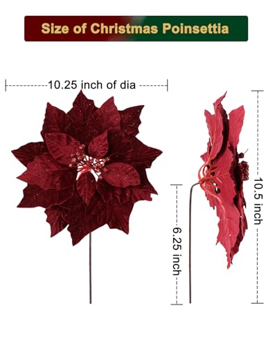 10 Inch Red Poinsettia Christmas Flowers 12pcs with Stems for Tree Wreath Decor - Vensovo