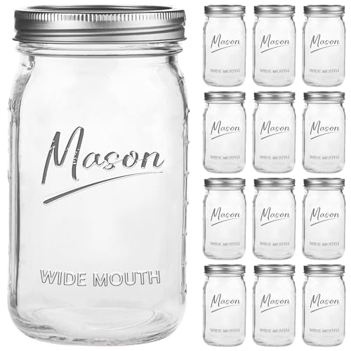 Galssmagic Clear 32 oz Wide Mouth Mason Jars with Airtight Lids - 12 Pack