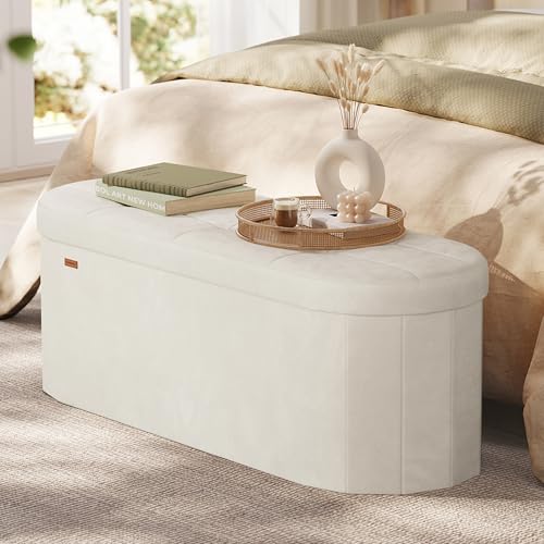 SONGMICS Oval Velvet Storage Ottoman Bench Cappuccino White 15"D x 43"W x 15"H
