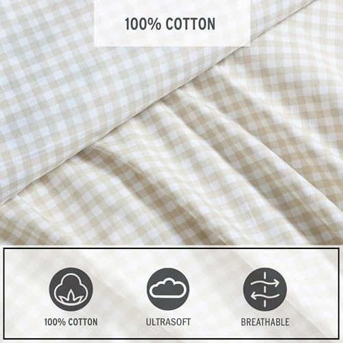 Little Gingham Beige Full Size Cotton Percale Sheet Set with Fitted Sheet & Pillowcases