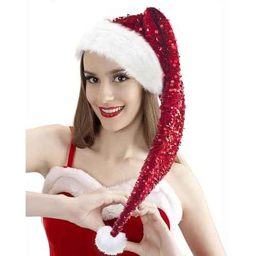 Long Santa Hat for Adults Women Men Unisex Sequin Red Christmas Hat Cap Xmas Hats for New Year Festive Holiday Halloween Costume Party