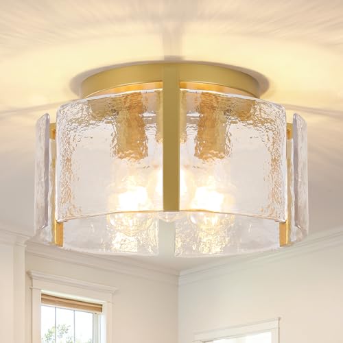 Xeruyiwa 15-Inch Gold Semi Flush Mount Ceiling Light - Dimmable 3-Light Drum Glass Fixture