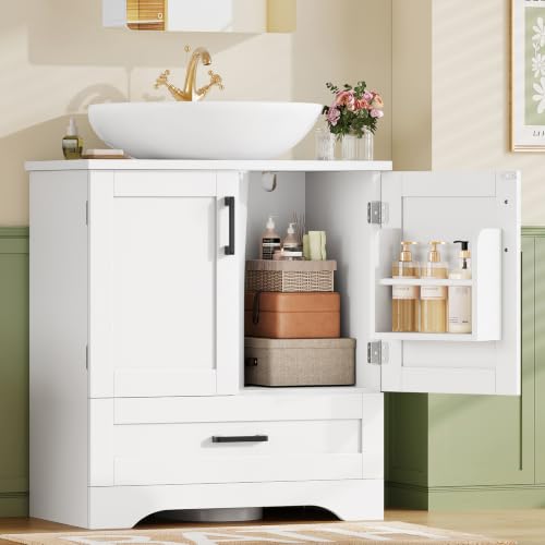 TEENFON 24-Inch White Pedestal Sink Storage Cabinet with 2 Doors & Drawer