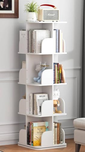 White Rotating Bookshelf Tower, 4-Tier Spinning Corner Bookcase for Small Spaces