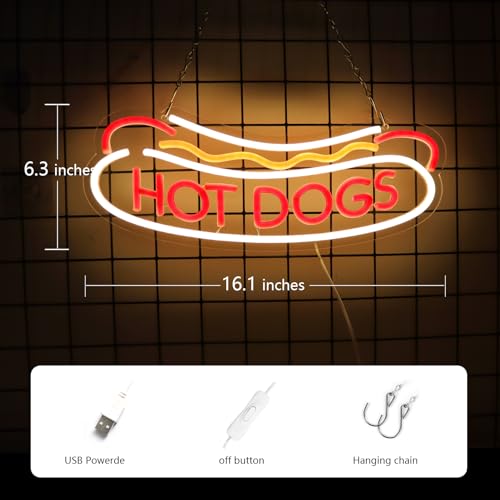 Balanar Hot Dogs Neon Sign for Wall Decor - LED Business Sign for Fast Food Shop, Christmas, Birthday Gift - 16.1x6.3 inches