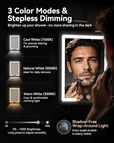 DeLanges Gunmetal Grey Heated Shower Mirror Fogless with Dimmable LED Lights, Rechargeable & 360° Adjustable, All-in-One Shaving Storage