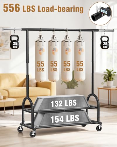 Heavy Duty Clothes Rack with 2 Shelves - Black, Adjustable & Mobile