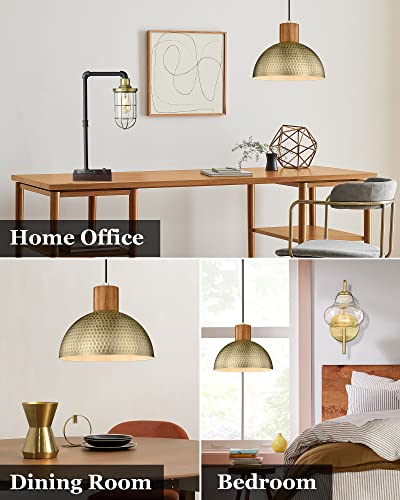 Brass 2 Pack Hammered Pendant Lights - 12” Vintage Metal & Wood Dome Hanging Lamps for Kitchen, Dining, Island, Farmhouse, Hallway
