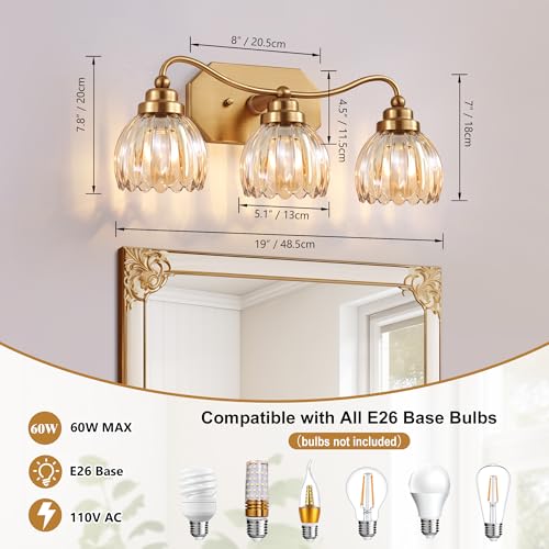 Brushed Gold 3-Light Vintage Vanity Light with Amber Glass Shades - Tulip Amber Variation