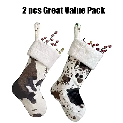 OLLULL White & Black Cow Faux Fur Christmas Stockings, Large 20 Inch, 2 Pack