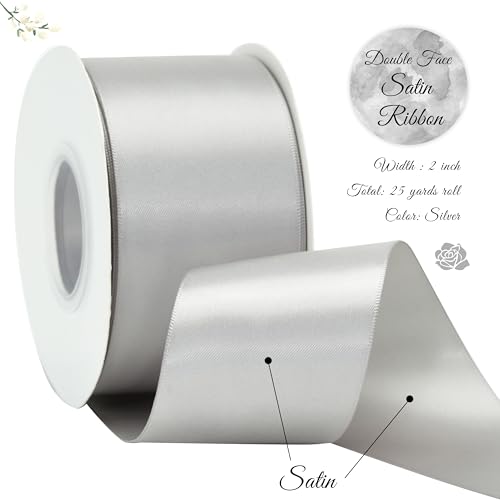 Silver Satin Ribbon 2 Inch x 25 Yards Double Faced - DINDOSAL