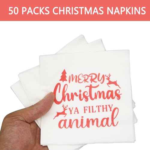 Merry Christmas Ya Filthy Animal Napkins, Christmas Vacation Party Decorations, ZJ National Holiday Party Decorations Napkins(5 x 5 In, Red Foil, 50-Pack)