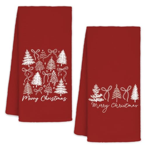 Ceosian Red Christmas Tree Kitchen Towel Set of 2 with Red Trees Pattern