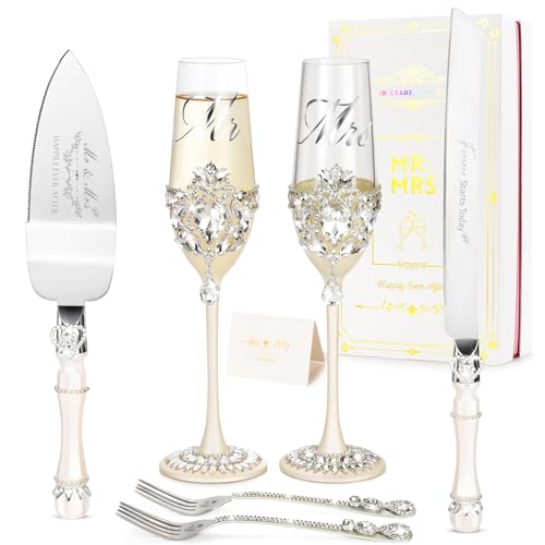 Wedding Cake Cutting Set with Crystal Champagne Flutes - Silver Petal Rhinestones