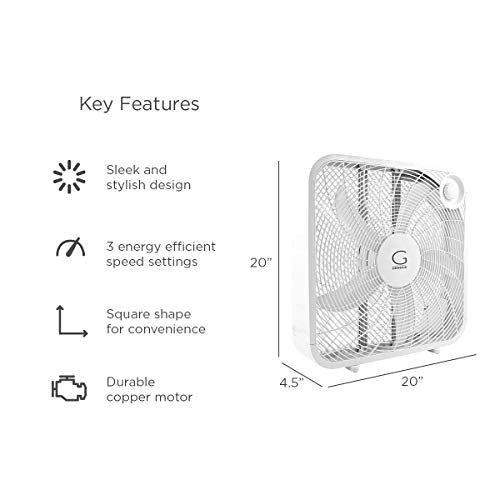 20-Inch Box Fan with 3-Speed Settings, Max Cooling Technology, Carry Handle - White