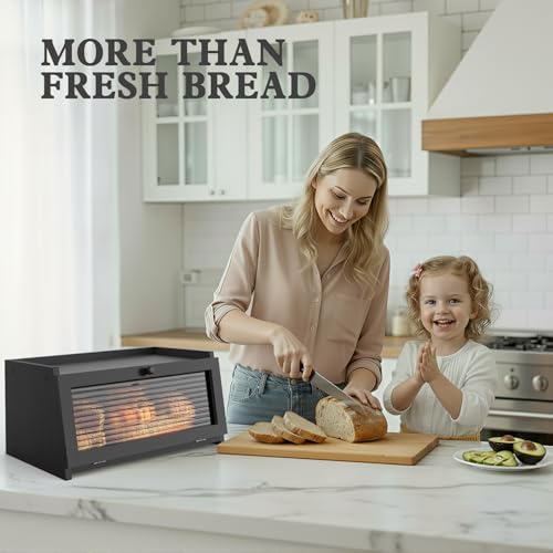 Black 1-Tier Bread Box for Kitchen Countertop - Natural Pine & Acrylic Window