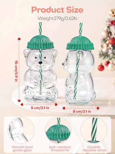 Pink & Green 20oz Bear Glass Cup with Lid & Reusable Straw - 2 Pack