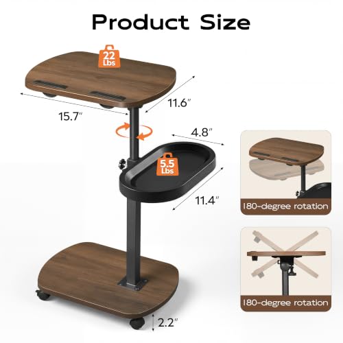 WLIVE C-Shaped End Table with Adjustable Height & Swivel Top - Dark Walnut