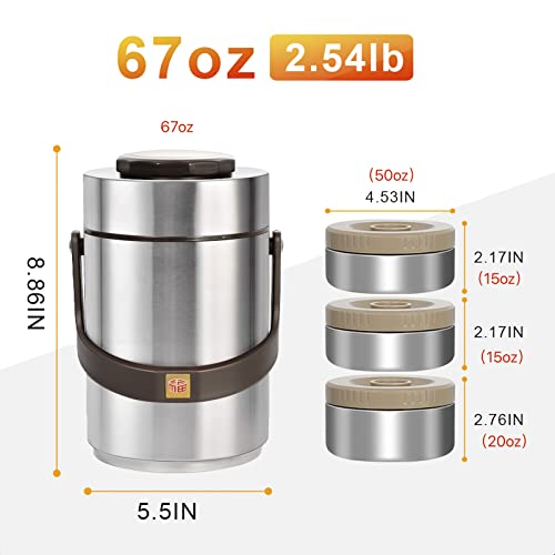 Pawovdeq 67 oz Stainless Steel Vacuum Insulated Soup Food Thermo with 3-Compartment Bento, Silver