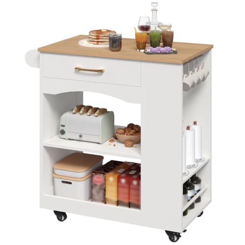 Mobile Kitchen Island Cart with Drawer and Shelves - White & Natural Finish