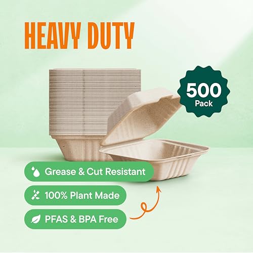 6x6 Compostable Clamshell Take Out Containers - 500-Pack, Heavy Duty, Sugarcane Fiber
